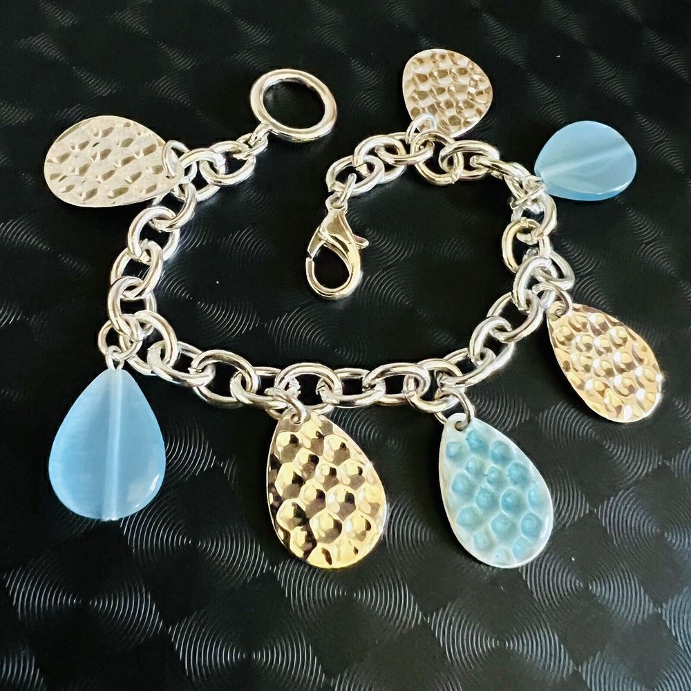 Blue Silver Tone Charm Dangle Drop Bracelet Spring Summer 7” 1477